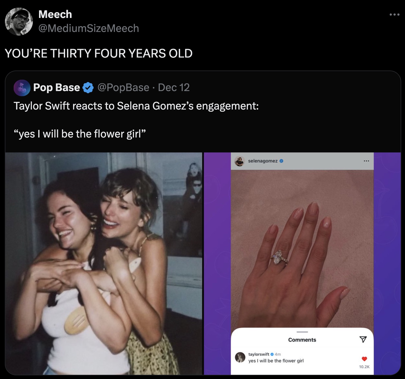 taylor swift 4th of july 2023 - Meech You'Re Thirty Four Years Old Pop Base Dec 12 Taylor Swift reacts to Selena Gomez's engagement "yes I will be the flower girl" selenagomez taylorswift 4m yes I will be the flower girl